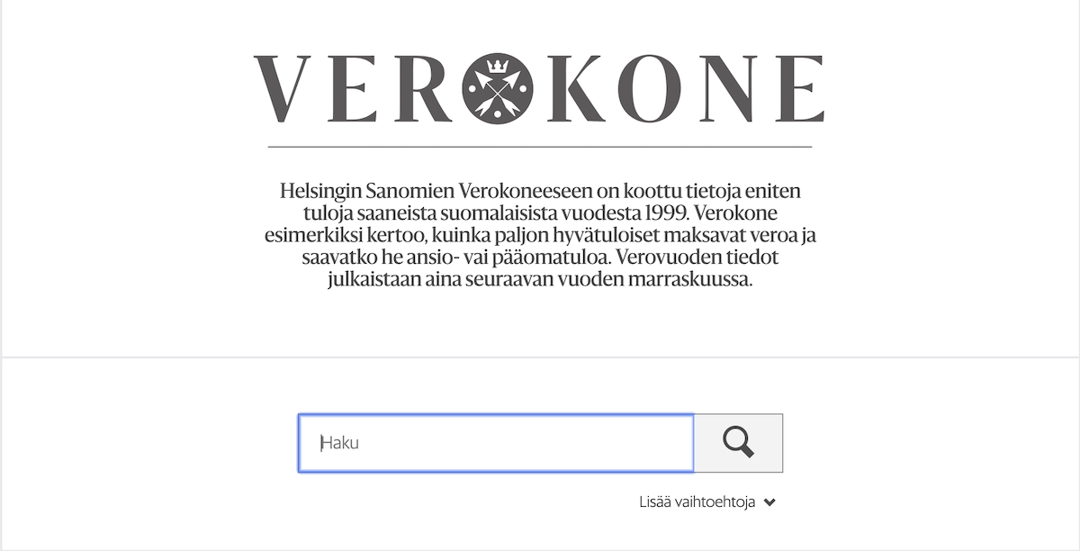 Helsingin Sanomien verokoneen etusivu