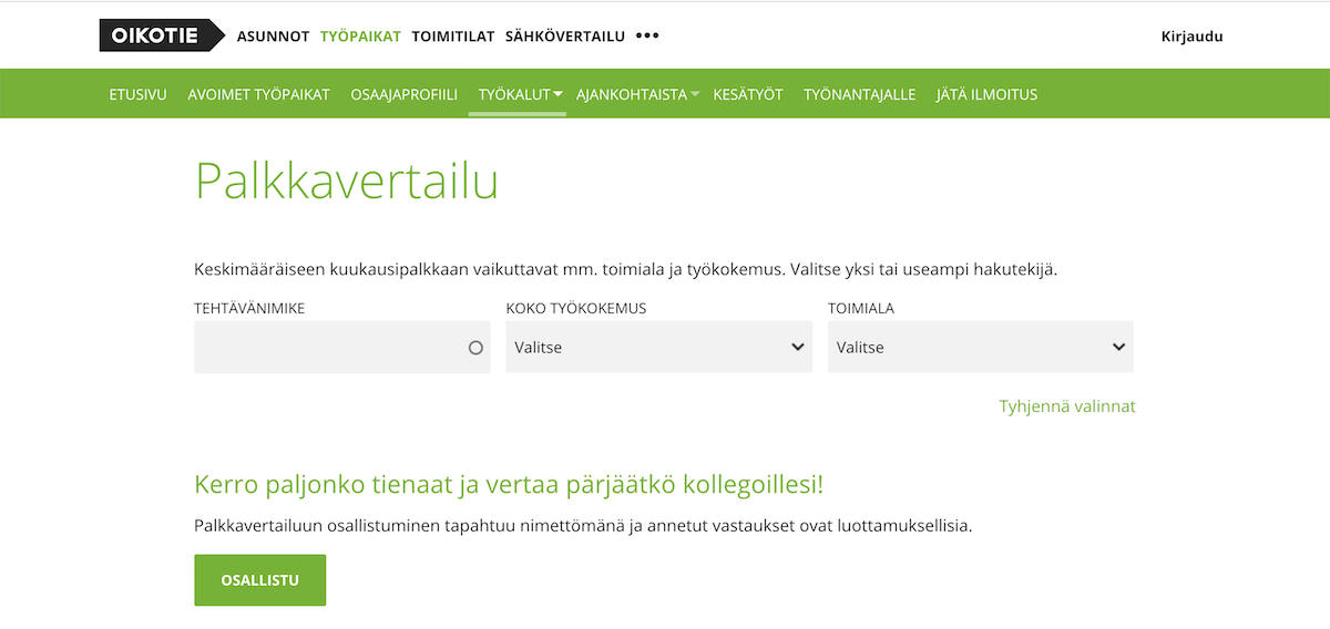 Oikotien palkkavertailu etusivu palvelusta