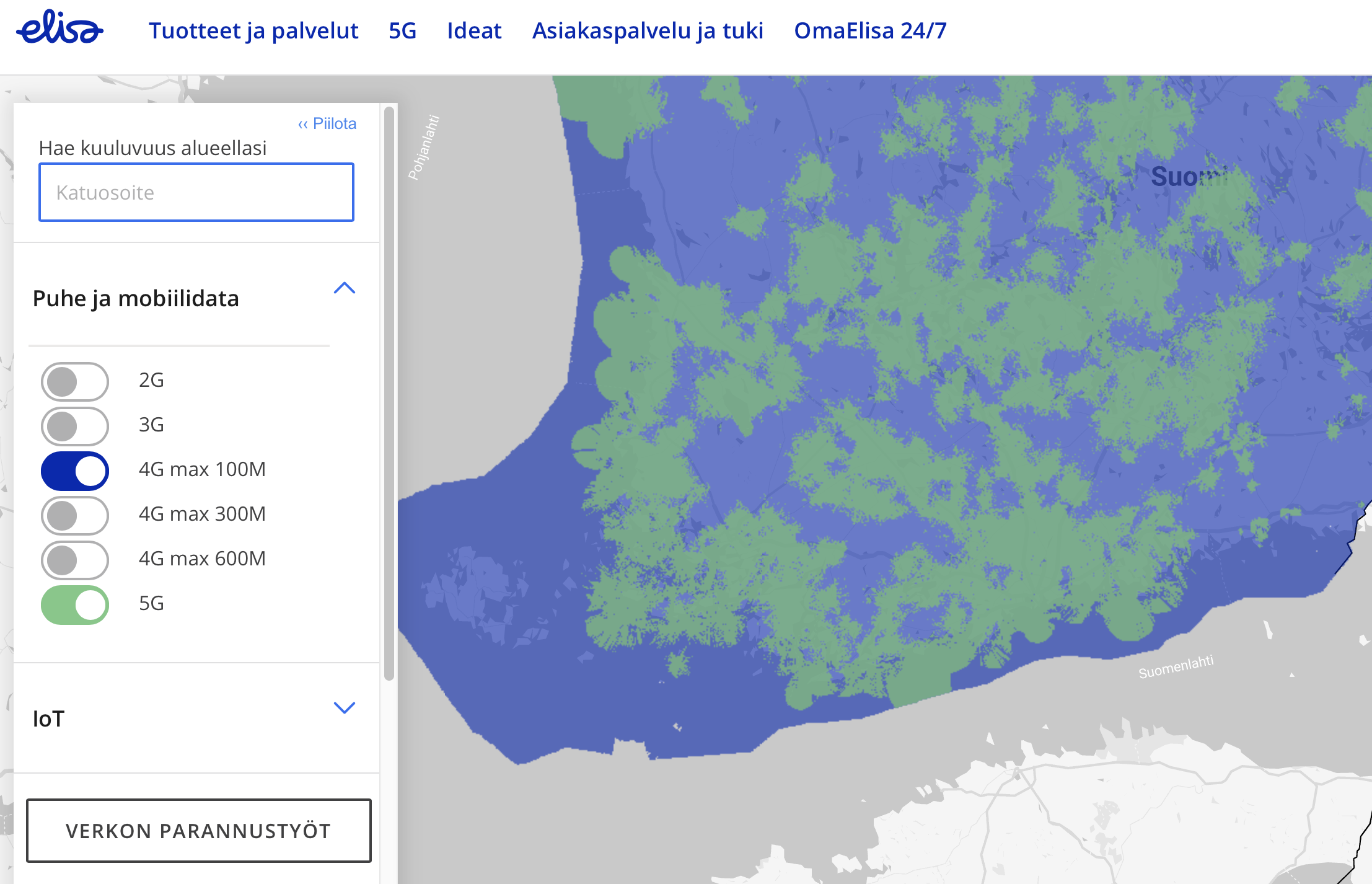 Esimerkki Elisan kuuluvuuskartasta